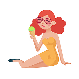 坐着吃冰淇淋的女孩