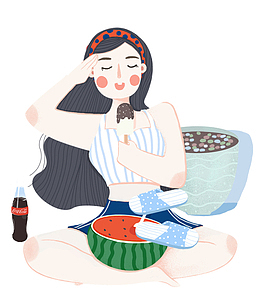 夏季手绘小女孩吃冰淇淋西瓜