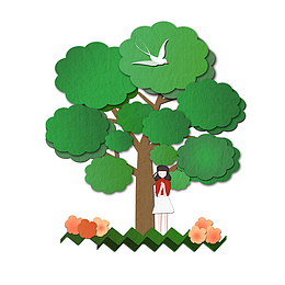 绿色大树下的小女孩