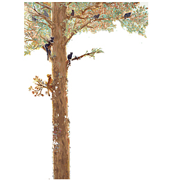 矢量黄色水墨大树小鸟