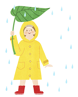 穿黄色雨衣的女孩用叶子遮雨