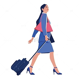 手绘卡通高挑女人拉着行李箱元素