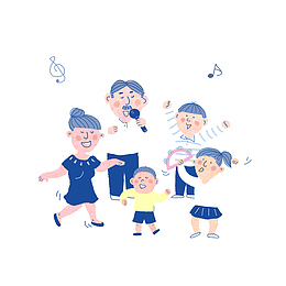 卡通家庭卡拉ok人物插画