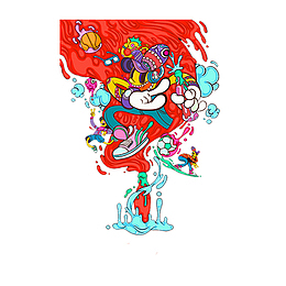 红色奔放抽象水彩涂鸦风格卡通人