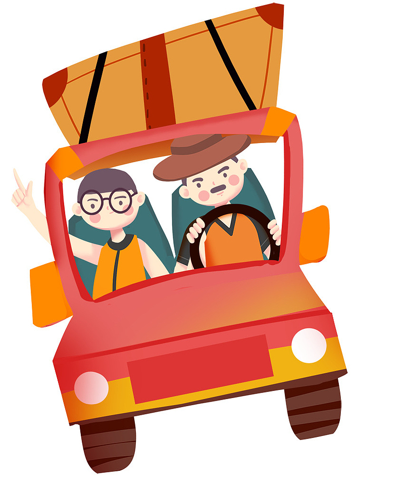 手绘卡通人物插图驾车自驾游旅行
