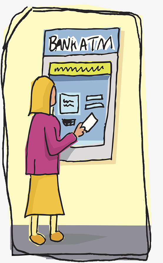 卡通手绘银行atm取款交易