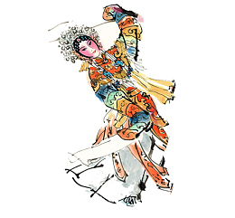 手绘中国画水墨人物插图京剧表演