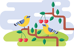 卡通手绘站在樱桃树上的鸟