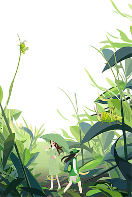 绿色清新树叶春游插画免抠