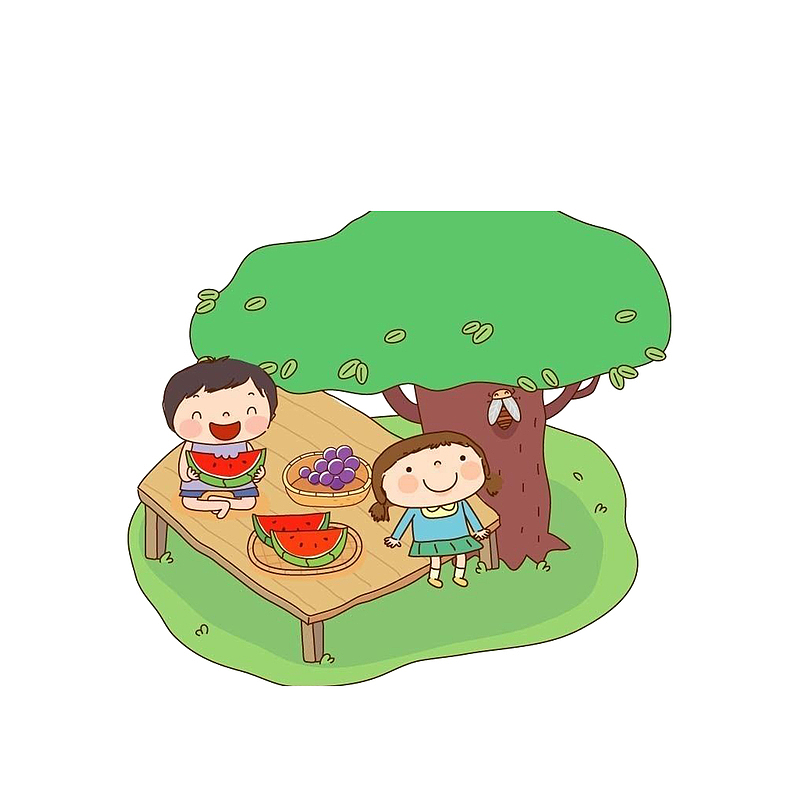 在树下乘凉吃西瓜的小孩子