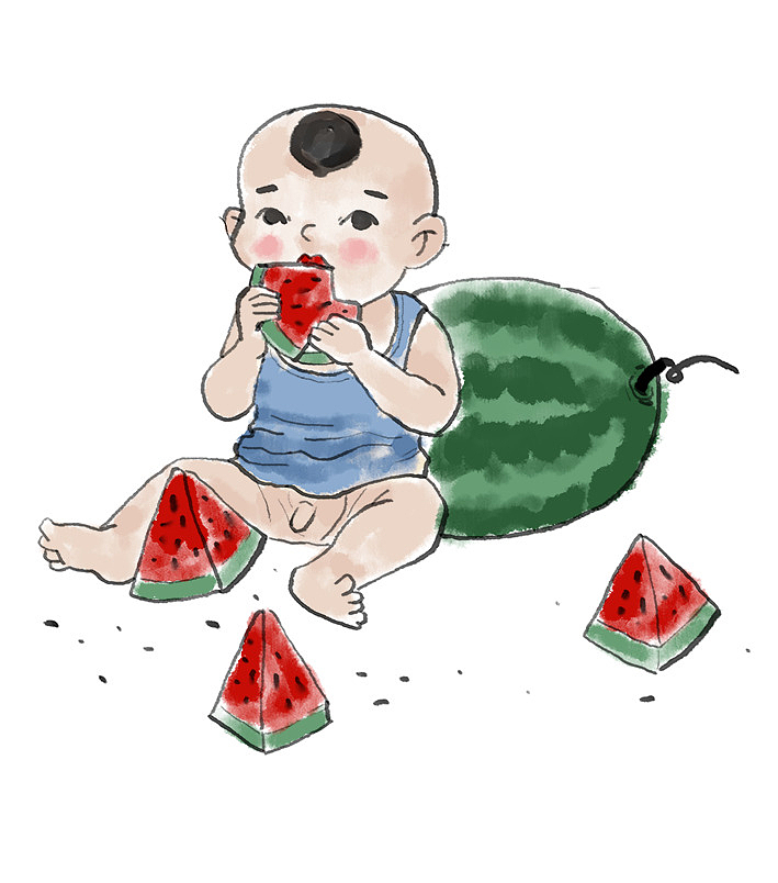 手绘水墨装饰插画夏至吃西瓜的小