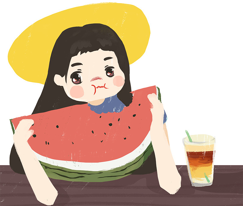 手绘插画夏至吃西瓜的小女孩插图