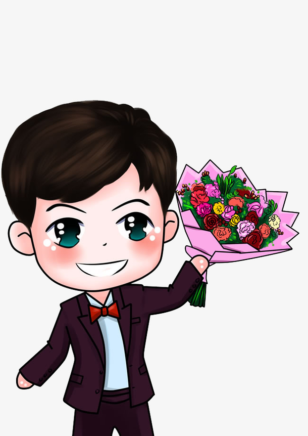 可爱卡通风格西装男士捧花图案