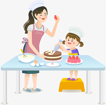 卡通一起做蛋糕甜点亲子插画