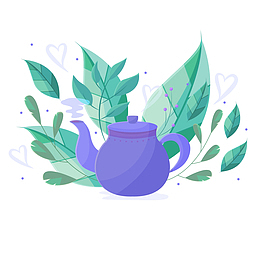 紫色的茶壶和叶子PNG