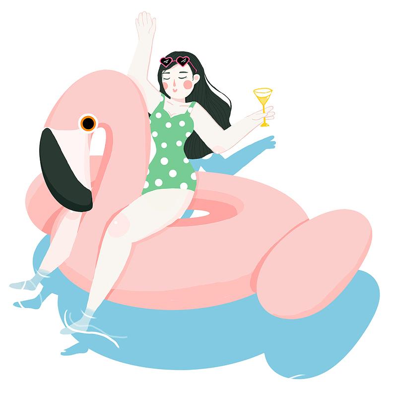 卡通手绘夏季小女孩游泳