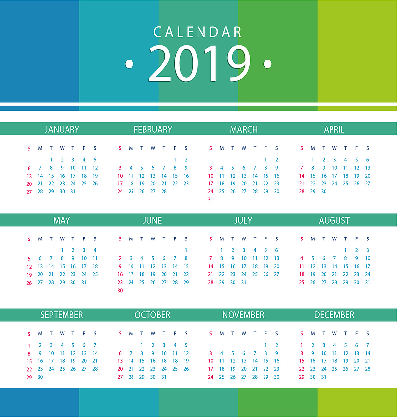 蓝绿色2019年日历