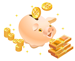 卡通手绘小猪存钱罐和金币