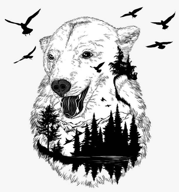 北极熊黑白装饰画图片