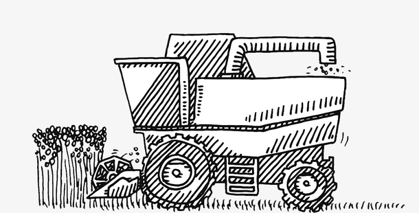 简笔手绘白描收割机收割麦子
