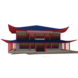 红蓝色砖顶古典楼阁