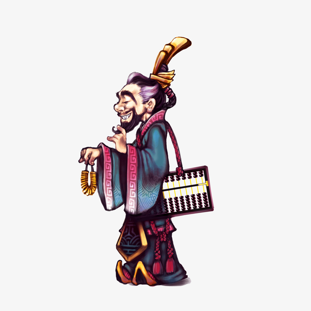 卡通背着算盘手拿铜钱串的古代掌