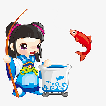 卡通钓鱼的古代人物设计