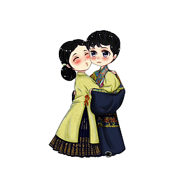 卡通拥抱的古代男女素材