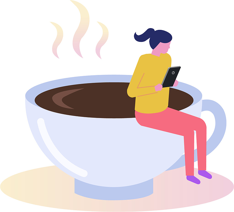 手绘卡通女人坐在咖啡杯上读书