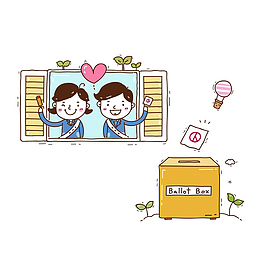 卡通看着窗外投票桶的男孩女孩素