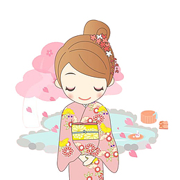 卡通手绘和服美女日式露天温泉浴