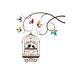 卡通挂在蔓藤上的鸟笼素材