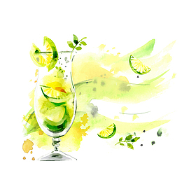 水彩绘夏季青柠鸡尾酒矢量图