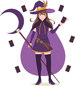 塔罗牌占卜女巫师创意手绘卡通插