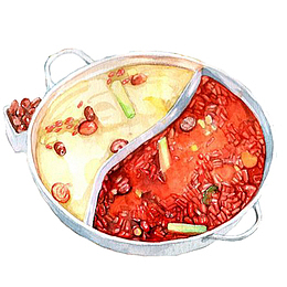 水彩鸳鸯锅手绘火锅