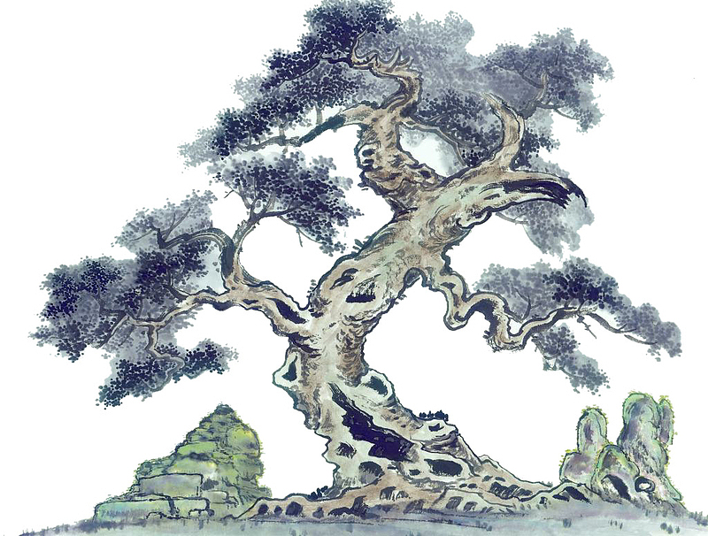 彩绘国画松树