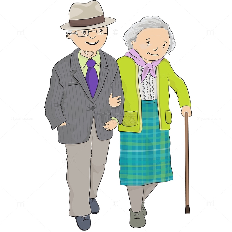 老年夫妇散步矢量插画