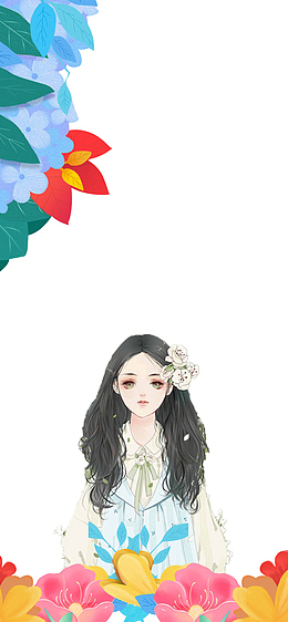 免抠卡通花丛里的女孩