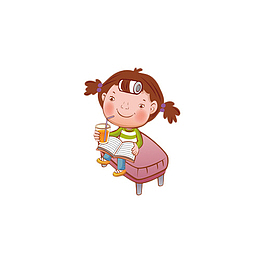 卡通美女卷发喝果汁看书