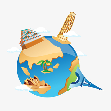 卡通创意环游世界地球设计aipng天空创意国旗地球双飞环球旅行海报