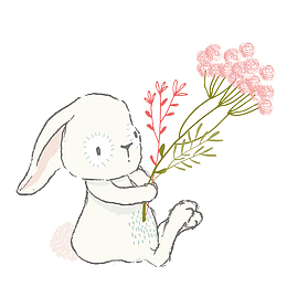 握着花朵的兔子手绘