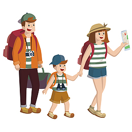 矢量扁平卡通旅游一家人