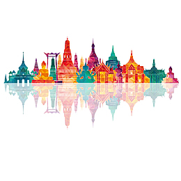 彩色泰国建筑群手绘