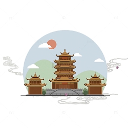 卡通古塔中国风插画