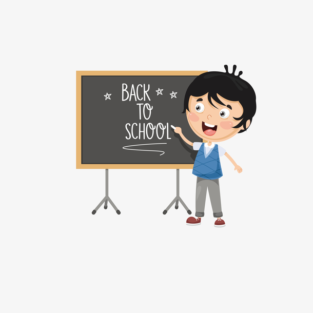 卡通手绘在黑板上写字的小学生