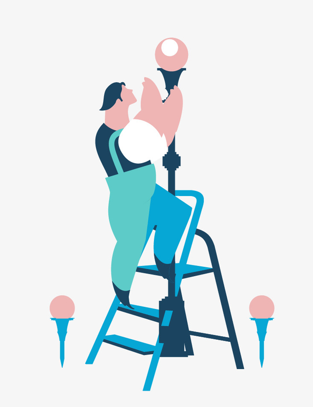 水彩卡通修灯的工人