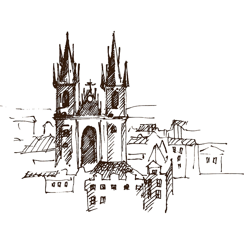 手绘素描欧式中世纪城堡建筑
