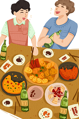 扁平卡通可爱啤酒聚餐享用美食美