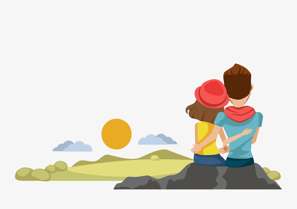 卡通七夕一起看夕阳情侣人物插画