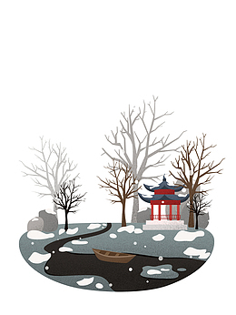 卡通冬季新年雪景中式建筑免抠素